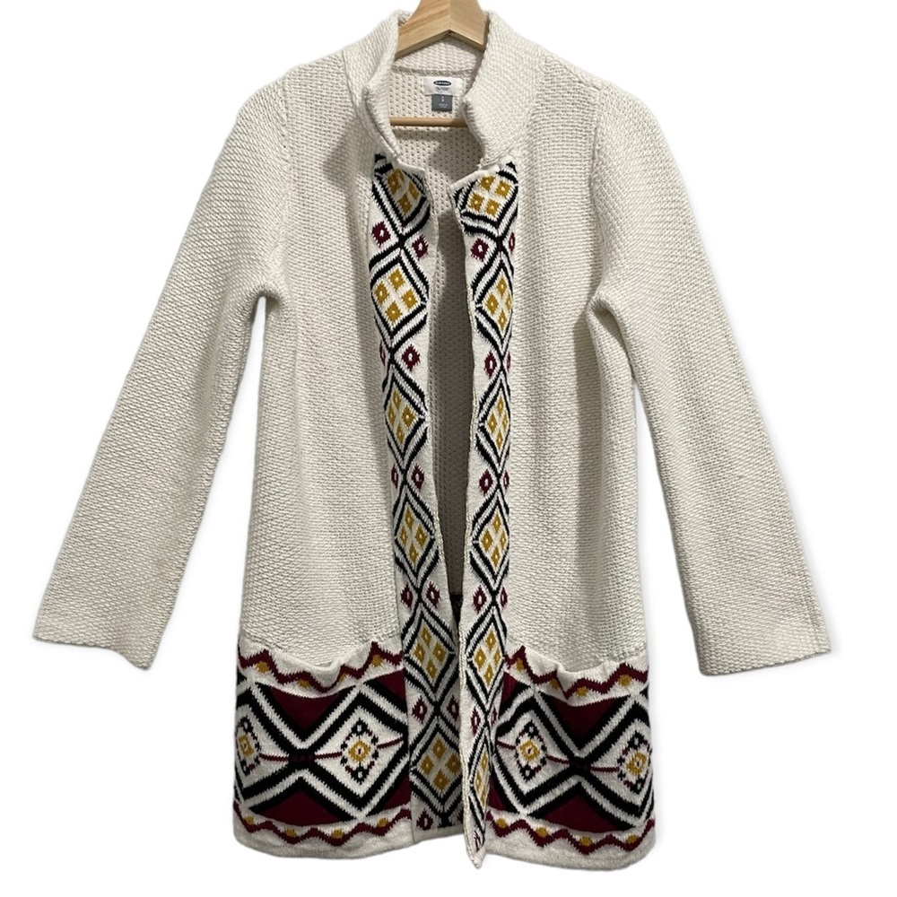 Old Navy Coatigan Cardigan Sweater Knit Aztec Boho White Red Womens Small S - Picture 1 of 11